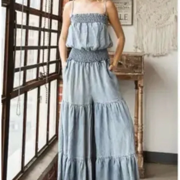Oli & Hali Dusty Blue Tiered Maxi Jumpsuit with Smocked Waist - Picture 4 of 5